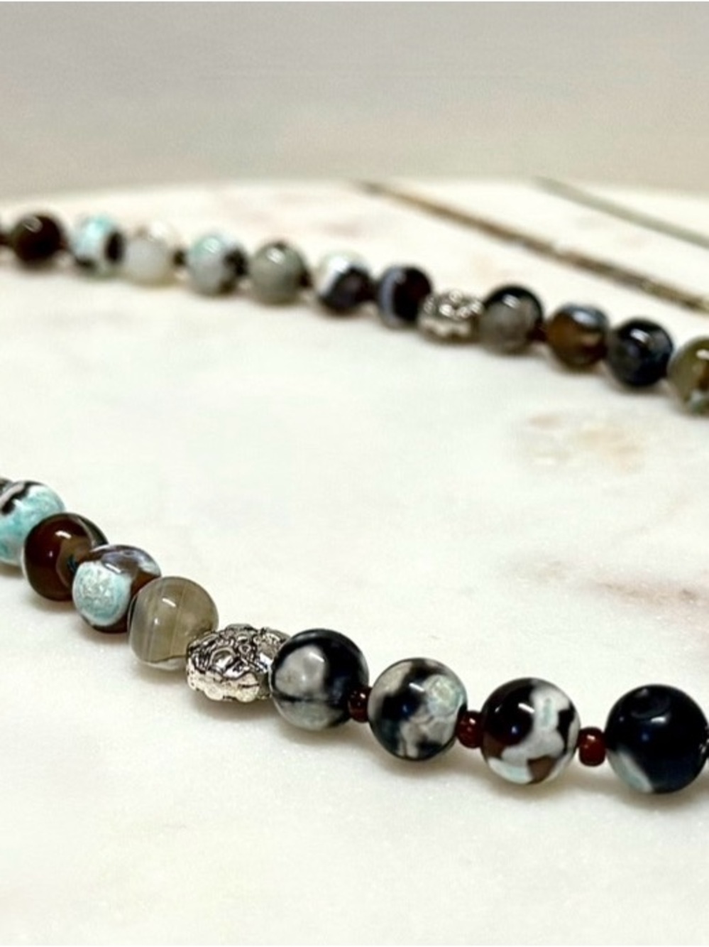 Handcrafted Multicolor Agate Bead Necklace with Silver Accent